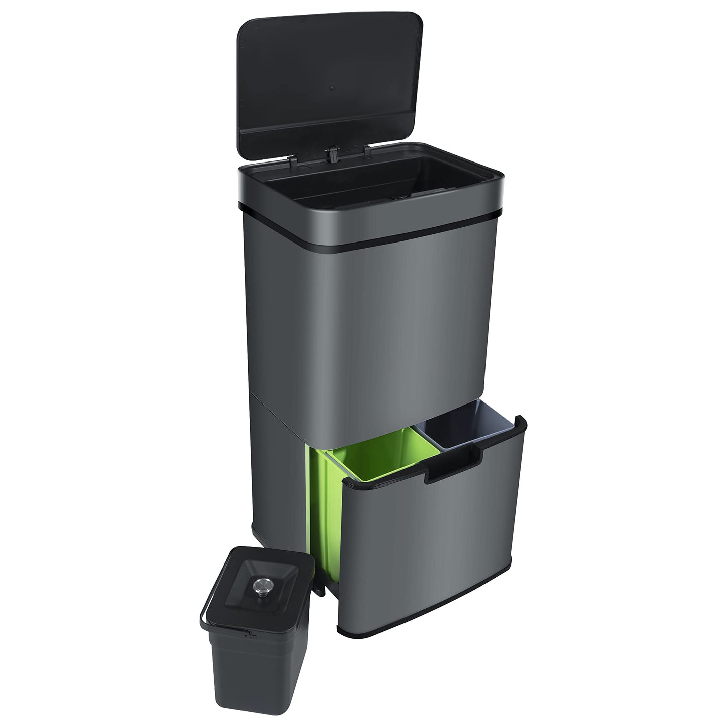 Ribelli Edelstahl - Mülltrennsysteme mit 3+1 Fächer - Mülleimer mit Sensor - 72 Liter (2x12 + 1x48 L) - Design Treteimer aus Edelstahl - Grau