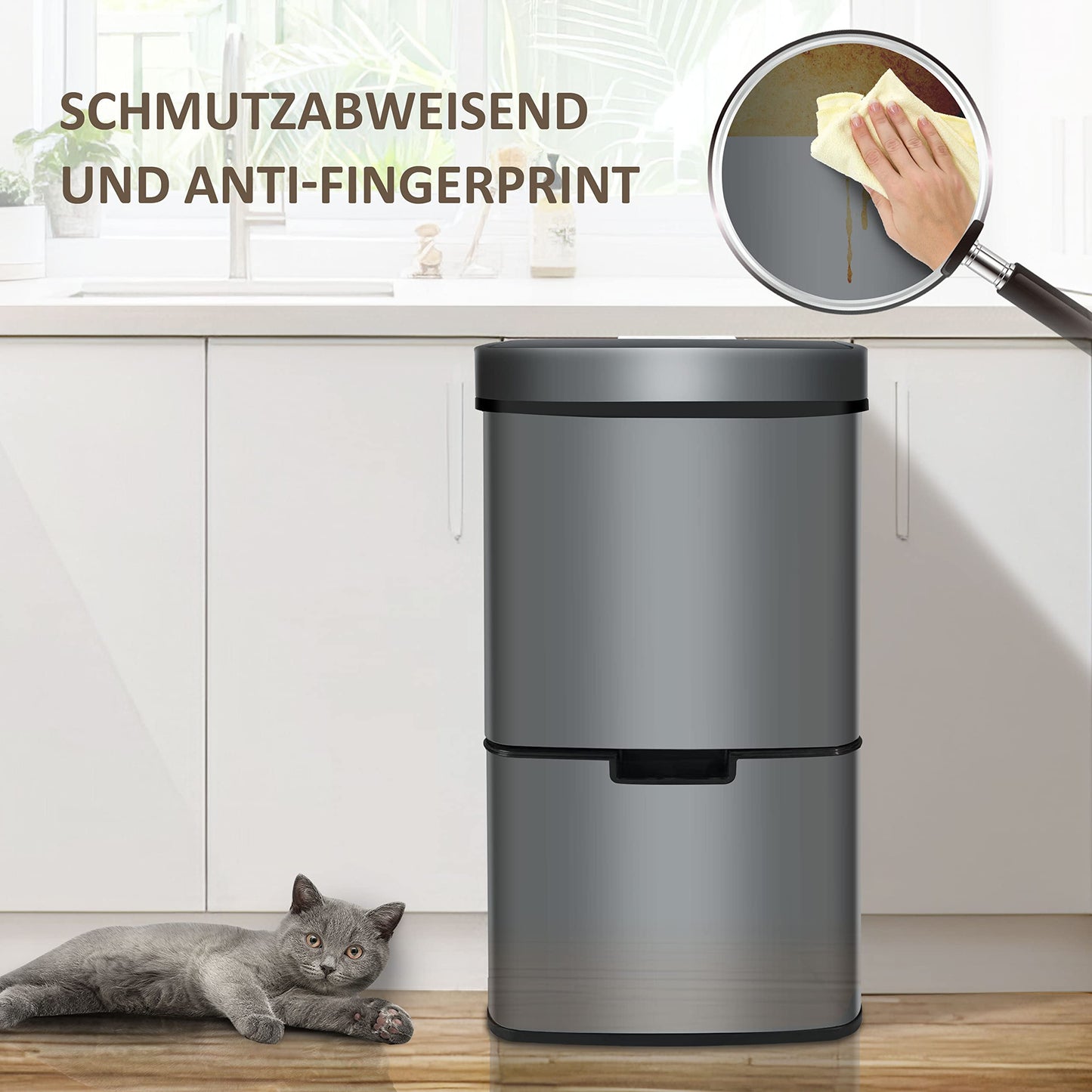Ribelli Edelstahl - Mülltrennsysteme mit 3+1 Fächer - Mülleimer mit Sensor - 72 Liter (2x12 + 1x48 L) - Design Treteimer aus Edelstahl - Grau
